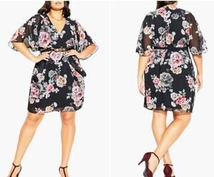 City Chic Tuscan Rose Belted Faux Wrap Dress Floral Chiffon Plus Size 24 (XXL)